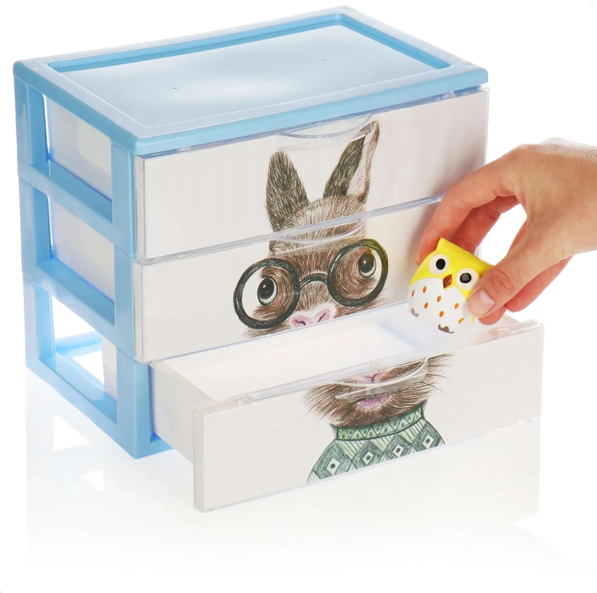 COM-FOUR® 2x Schubladenbox – Kunststoff-Aufbewahrungsbox für Kinder-Spielzeug, Bastelsachen, Stifte mit Tier-Motiven